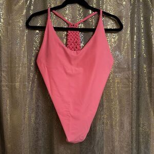 Aerie Peachy Pink Crochet Knit Racerback One Piece Swimsuit‎ Large